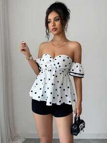 SHEIN Raffinéa Women's Polka Dot Pattern Twist Design Fashionable Off-Shoulder Blouse - White - View 6