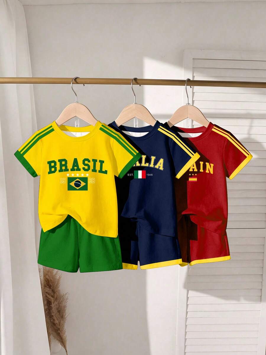 6pcs/Set Young Boys' Casual Colorblock Sports Jersey, Short Sleeve Round Neck T-Shirt And Matching Shorts, Comfortable Sports Outfit For Daily, Holidays, World Cup, New SS26 Fashion Summer Outfits - Multicolor - View 1