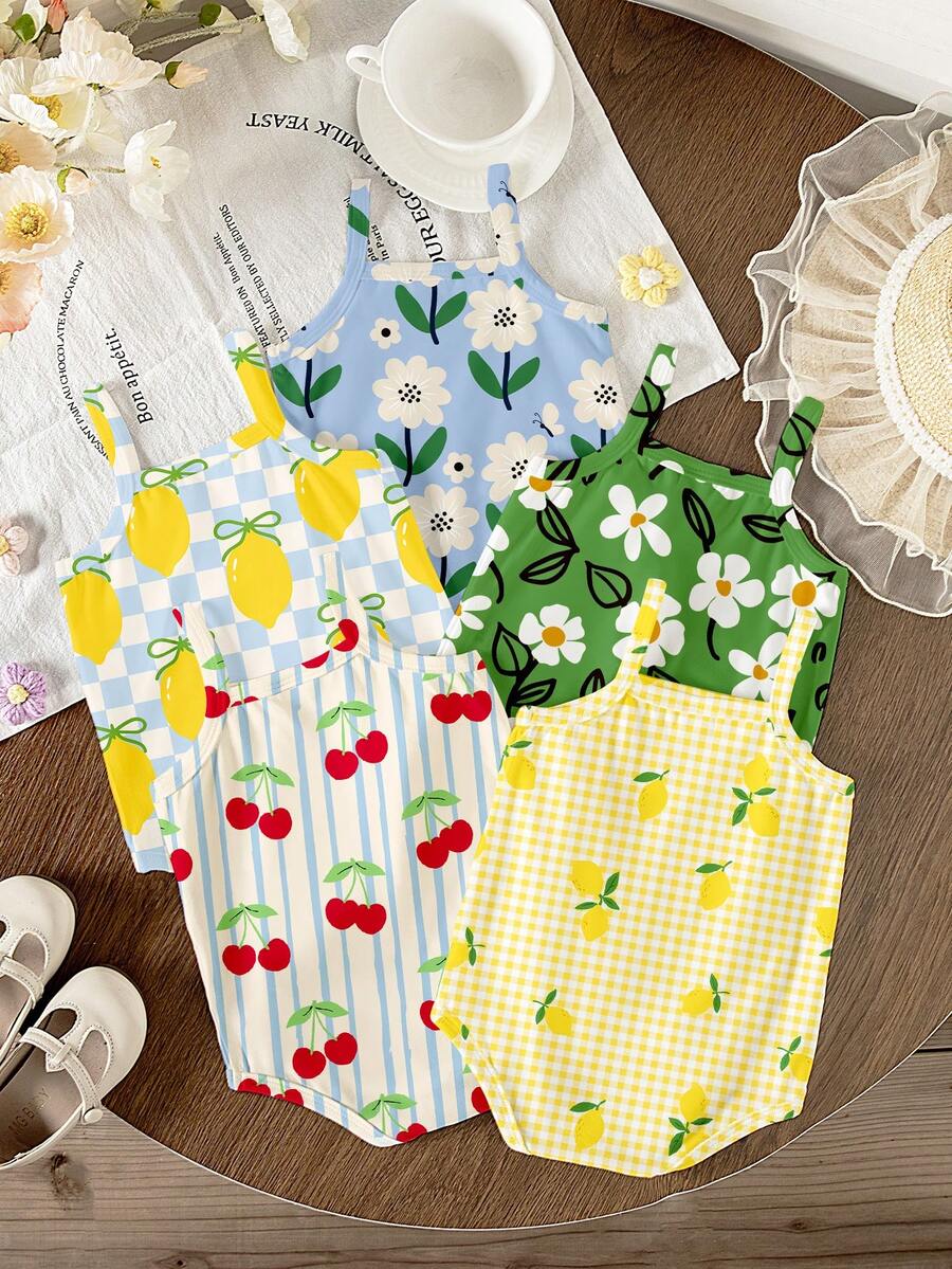 1 buah Bodysuit Bayi Baru Lahir (Acak) 1 buah Kotak Kejutan (Blind Box) Motif Garis-garis, Bunga, atau Buah yang Lucu, Romper dengan Tali Lembut, Cocok untuk Pakaian Santai dan Jalan-jalan di Musim Panas - MultiWarna - View 1