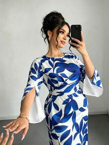 SHEIN Clasi 大码女士优雅通勤简约日常约会派对性感宴会开衩袖口修身杏色底黑色印花长裙 - 藍白色 - 查看 6