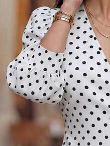 EMERY ROSE Spring/Summer New V-Neck Polka Dot Petal Sleeve Cinched Waist Short Women Blouse - Multicolor - View 3