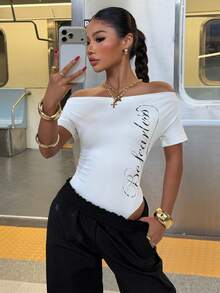 Muchica English Letter Print Off-Shoulder White And Black Sports Sporty Jumpsuit Football Jersey Gym Y2K Athleisure City Break Vacation Football USA Soccer - White - View 2