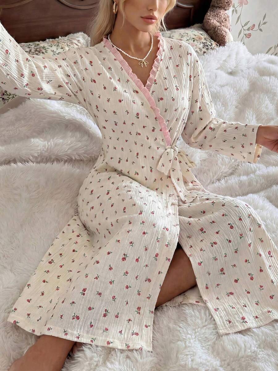 CottageSlumber Ditsy Floral Frill Trim Kimono Style Tie Front Robe - Apricot - View 1