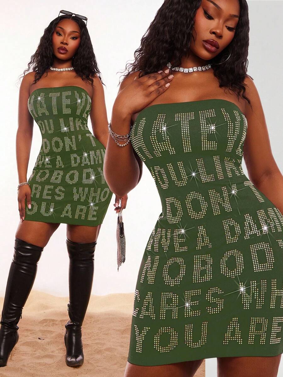 Radiana Green Plus Size Women's Spring/Summer New Fashion Street Heavy Rhinestone Slogan Decor Sexy Mini Tube Dress, Suitable For Date Night Club, Party - Army Green - View 1