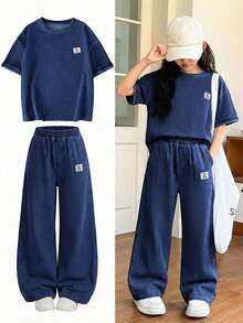 SHEIN Tween Girl Letter Print Short Sleeve Top And Denim Pants Set - Dark Wash - View 5