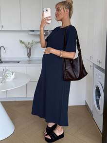 Slowluna 孕婦純色圓領時尚休閒短袖洋裝 - 藏蓝色 - 查看 3