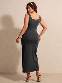 Elaquor Plus Size Women's Square Neck Side Slit Hem Fitted Sleeveless Denim Dress - Black - View 5