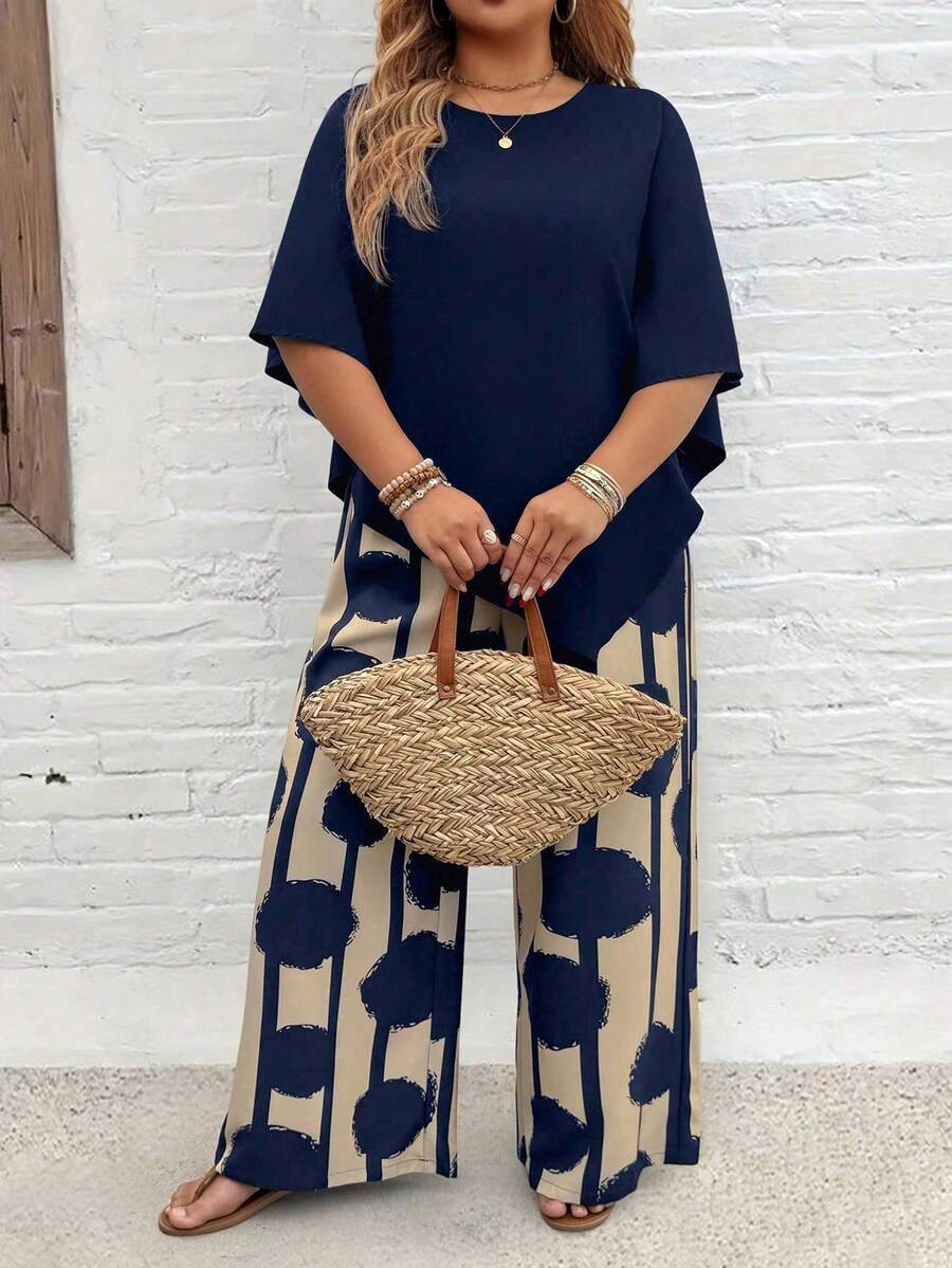 EMERY ROSE Plus Size Vacation Casual Solid Color Shirt And Striped Circle Print Pants Set - Multicolor - View 1
