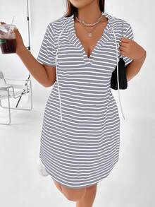 Vionelle Ribbed Ribbed Fashion Plus Size Women's Hooded Dress - Light Grey - View 1