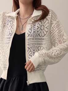 Livesso Chaqueta regular holgada con cremallera y calados para mujer, estilo vacacional - Blanco - Ver 1