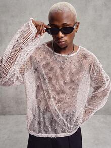 PAVTROS Men's Round Neck Long Sleeve Knitted Mesh T-Shirt, Suitable For Spring/Summer Casual Daily Life, Travel And Vacation Wear - Pink - View 5