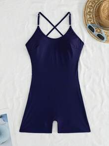 Swim Lushoire 女款純色夏季海灘連身泳衣，交叉綁帶露背，無袖修身運動泳衣 - 藏蓝色 - 查看 3