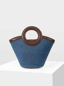 MOTF PREMIUM WOMEN'S FASHION RETRO BLUE SHOULDER BAG, CASUAL SIMPLE CONTRASTING HANDBAG, FAN SHAPE, ROUND HANDLE, SUITABLE FOR DAILY LIFE, DATING, SHOPPING, VACATION, TRAVEL - Blue coffee - View 3