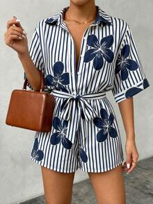 SHEIN LUNE Jumpsuit Liburan Wanita Ukuran Besar Motif Garis dan Bunga - MultiWarna - View 6