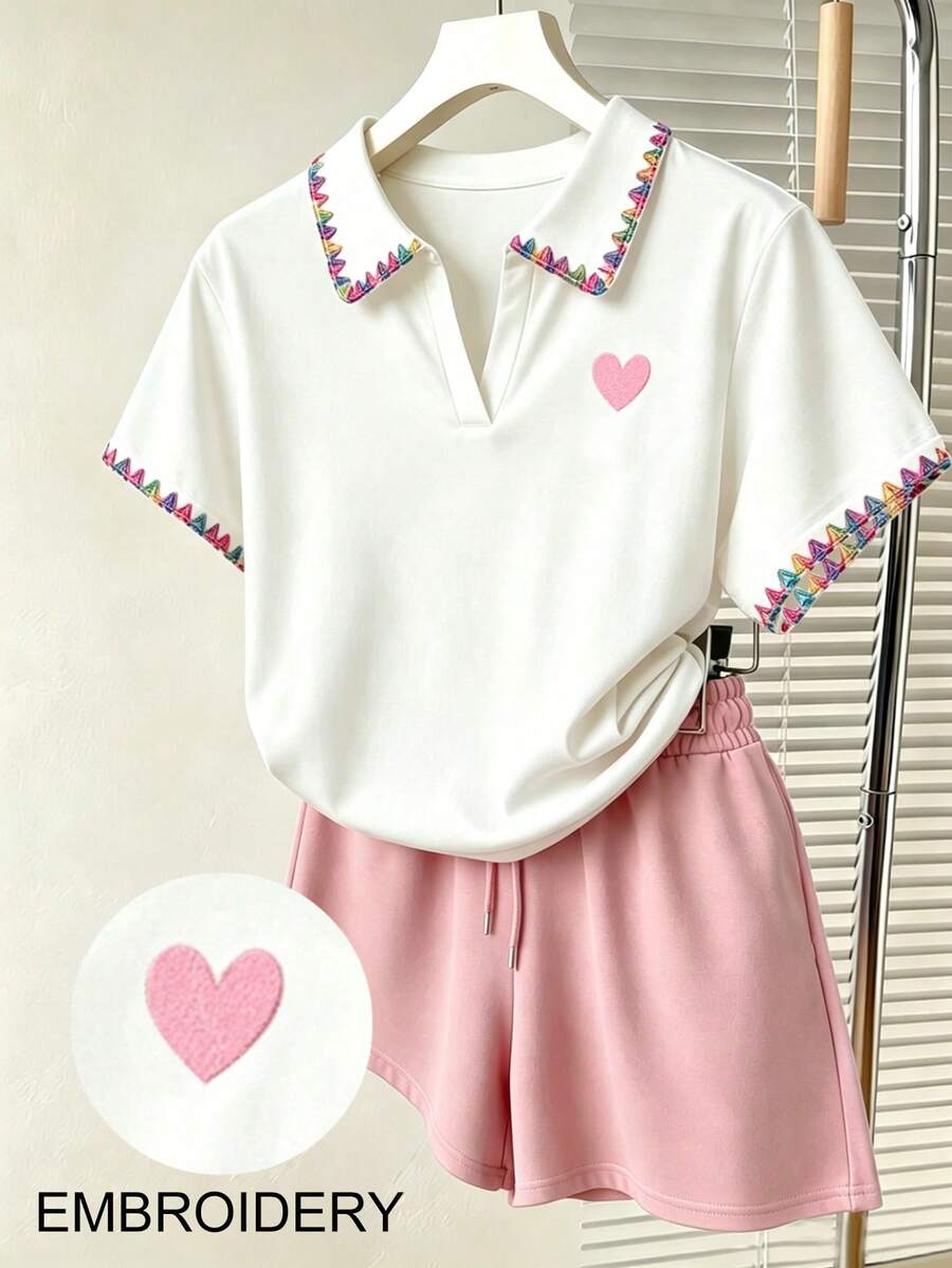 Resyla 女款愛心刺繡領短袖T恤與短褲休閒兩件套 - 彩色 - 查看 1