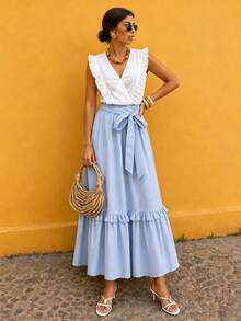 SHEIN LUNE Women's Spring/Summer Vacation Casual Tropical European Elegant Jamican Sexy V-Neck Flutter Sleeve Top And White Light Blue Skirt 2 Pieces Set - Blue and White - View 5