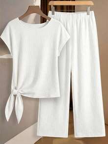 SHEIN Clasi White Women's Shirt With Tie Bow And Loose Straight Leg Pants 2pcs Set - White - View 6