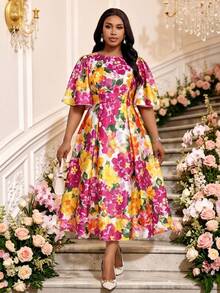 Fleurora White Summer Elegant Plus Size Floral Print Satin Midi Dress Bachelorette Party Evening Tea Party Wedding Guest Dress Round Neck Flounce Sleeve - Multicolor - View 5
