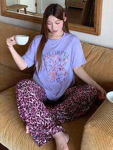 DAZY Women's Letter Print Short Sleeve Top And Leopard Print Long Pants Pajama Set Summer - Purple - View 4