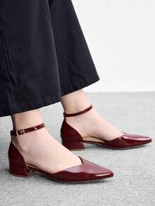 CUCCOO BIZCHIC 優雅黃色漆皮尖頭綁帶腳踝扣帶厚底高跟鞋，適合女性，舒適中跟款式，適用於辦公室、婚禮、派對以及春夏季鞋款 - 酒紅色, - 查看 5