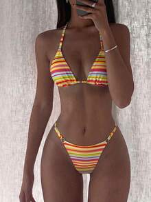 Swim SXY Dopamine Retro Style Sexy Tropical Rainbow Striped Print Halter Neck Triangle Cup Back Tie Top Spaghetti Strap Triangle Bottoms Summer Beach Vacation - Multicolor - View 2