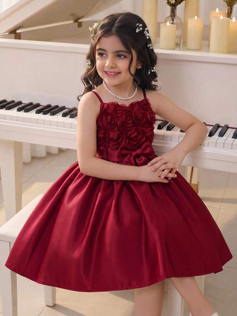 SHEIN Glamorique Kids 女童酒紅色細肩帶公主洋裝，高低裙擺附拖尾，3D玫瑰刺繡，高級緞面，適合生日派對、婚禮花童、家庭聚會、儀式場合、休閒出遊、拍照、度假、畢業舞會