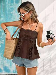 Vivid Eden Women's Vacation Contrast Lace Fashion Elegant Camisole Tank Top Beach Coffee Brown Summer - Brown - View 4