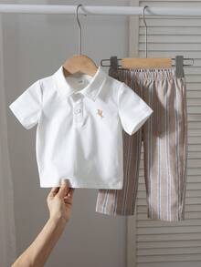 两件套绅士风男婴套装：短袖 Polo 衫搭配时尚条纹短裤，休闲百搭，适合上学、生日等场合穿着 - 彩色 - 查看 1