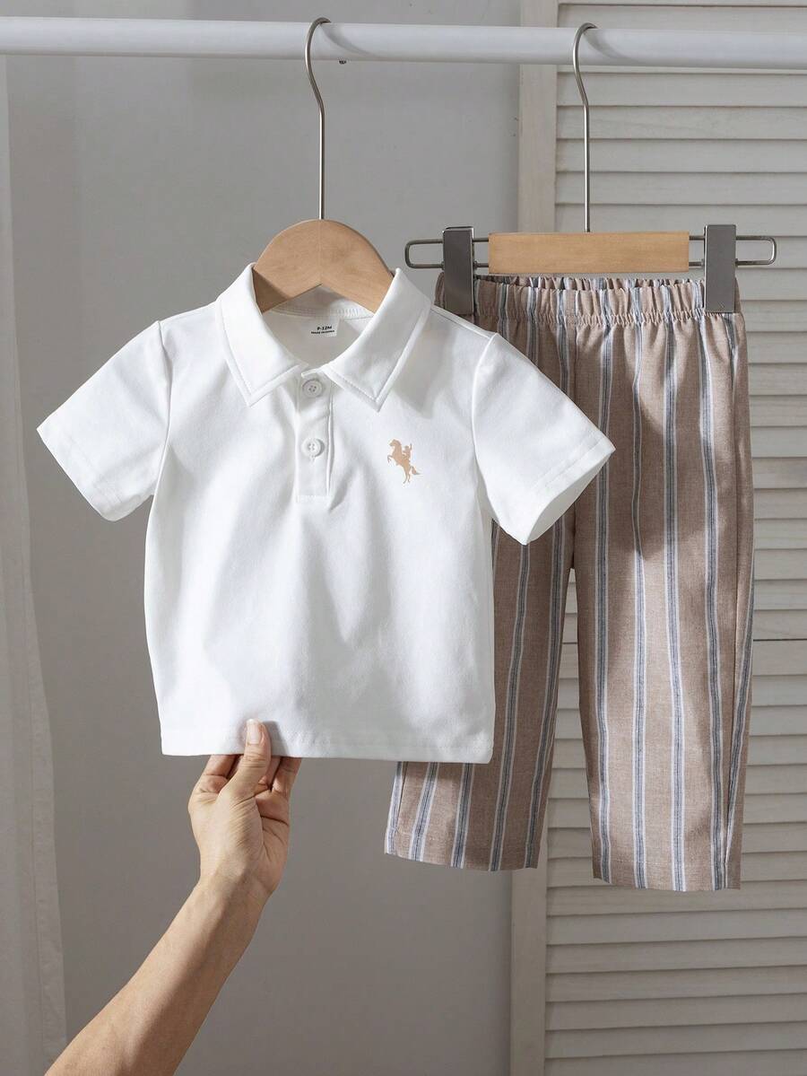 两件套绅士风男婴套装：短袖 Polo 衫搭配时尚条纹短裤，休闲百搭，适合上学、生日等场合穿着 - 彩色 - 查看 1