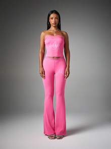 BABYPHAT Strapless Bandeau Crop Top With Lace Trim Detail And Logo Print For Summer Nights Out - Pink - View 3