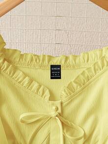 SHEIN PariChic Women's Sweet & Elegant Ruffled Tie-Up Contrast Lace Off Shoulder Cropped Blouse, Versatile Wear For Spring/Summer - Yellow - View 4