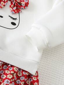 Cozy Pixies Baby Girl Cartoon Rabbit Pattern 3D Bow Decor Knitted Soft 2 In 1 Round Neck Long Sleeve Floral Patchwork Autumn Dress - Multicolor - View 5