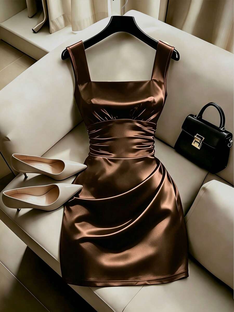 SHEIN Franclia 女款抓皺腰身優雅派對短款細肩帶洋裝 - 咖啡 - 查看 1