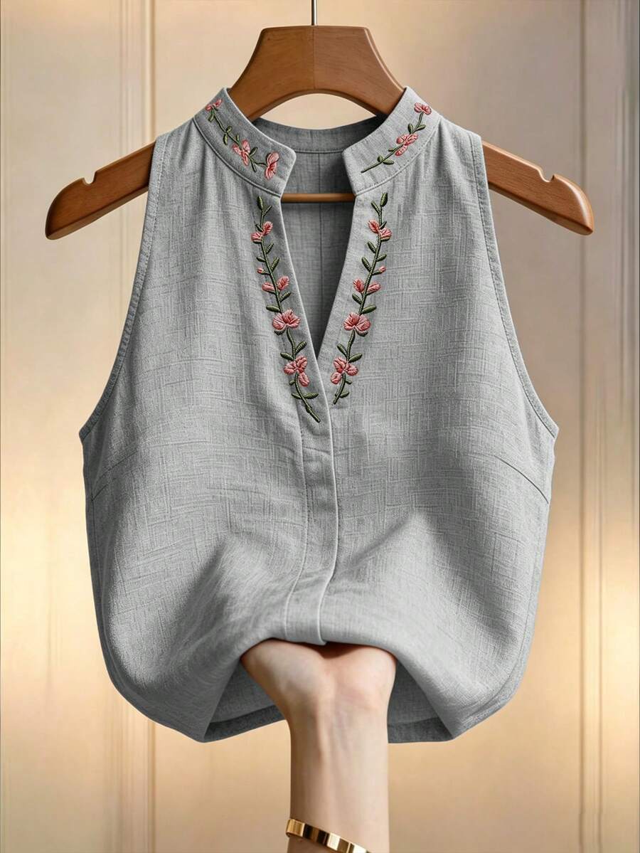 Elouméa 女款花卉刺繡立領無袖上衣,夏季優雅通勤上衣 - 淺灰色 - 查看 1