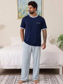 DAZY Men's Raglan Sleeve Contrast Color Loungewear Set, Spring/Summer Pajamas - Multicolor - View 7