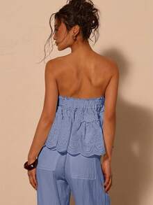 COSMINA Urlaubsstil Rüschen besticktes Bandeau Top, schwer besticktes Top, lockere Passform, Damen Sommer Essential Top, geeignet für Strandurlaub, Wochenendausflug, BOHO Stil, weißes Damen Top, elastischer Ausschnitt - Blau - Übersicht 5