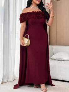 Modelyn Plus Size Women Off Shoulder Floral Decor Elegant Formal Elegant Waist Cinched Party Formal Dinner Formal Formal Evening Wedding Dress Burgundy Summer - Burgundy - View 5