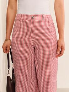 lacRébo Pantalones de pierna ancha de cintura media con estampado de cuadros rojos, ajuste relajado, estilo chic diario de verano - Rojo - Ver 3