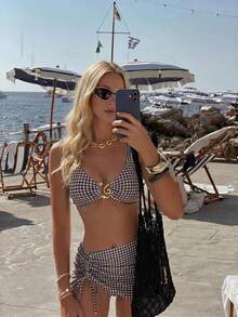 Bonvoyette Women's Summer Beach Holiday Metal Decor Plaid Print Swimwear 3 Pieces Set - Brown - View 3