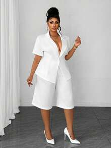 Maweii Plus Size Women's Minimalist Commuter Lapel Blazer Short Sleeve Shorts Solid Color 2-Piece Set - White - View 4