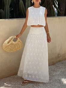DAZY Women's Vacation Embroidered Round Neck Camisole And Mini Skirt 2 Pieces Set, Spring/Summer - White - View 3