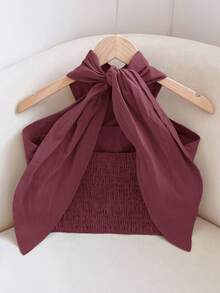 Travachic Women's Criss-Cross Halter Neck Backless Ruched Solid Color Top - Maroon - View 2