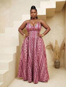 BamGlimmer Plus Size Halter Neck Maxi Dress, Vintage , Unique Design Print, Multi-Color Women's Dress, Fashionable Vacation Wear, Suitable For Travel, Holiday, Party, Gathering, Romantic And Vibrant - Multicolor - View 6