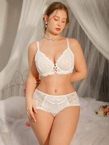 DelicateAllure 2件套大码女士性感蕾丝拼布内衣套装 - 白色 - 查看 3
