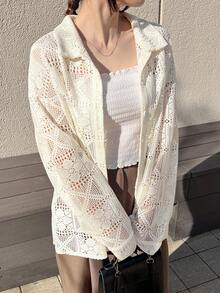 FRIFUL Women's Loose Lace Blouse, Spring Sheer Fall - Beige - View 8