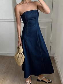 Livesso Gaun Denim Wanita Model Bandeau Slim Fit Warna Polos dengan Belahan Samping - Dark Wash - View 3