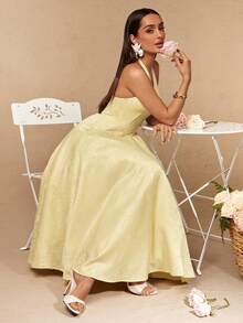 Silquee This Pale Yellow, Backless, Belted A-Line Elegant Party Dress Is Perfect For Romantic Dates, Beach Vacations, Weddings, Dinners, And Other Occasions, - Light Yellow - View 7