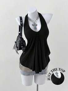 Sunspun Plus Size Women V-Neck Halter Tie Loose Backless Pleated Casual Versatile Daily Wear Top - Black - View 1