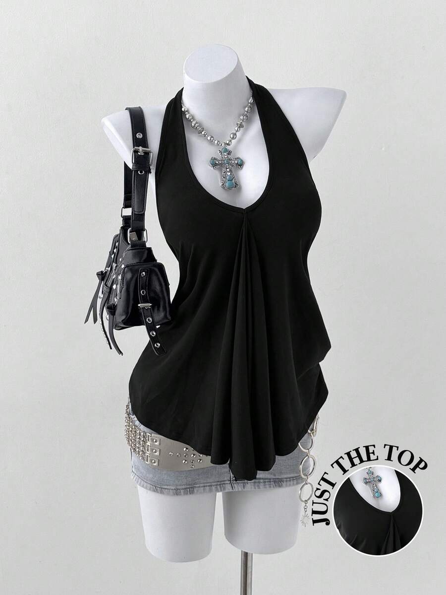 Sunspun Plus Size Women V-Neck Halter Tie Loose Backless Pleated Casual Versatile Daily Wear Top - Black - View 1