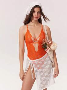 SHEIN 花卉蕾丝交叉连体衣内衣 - 橘色 - 查看 7